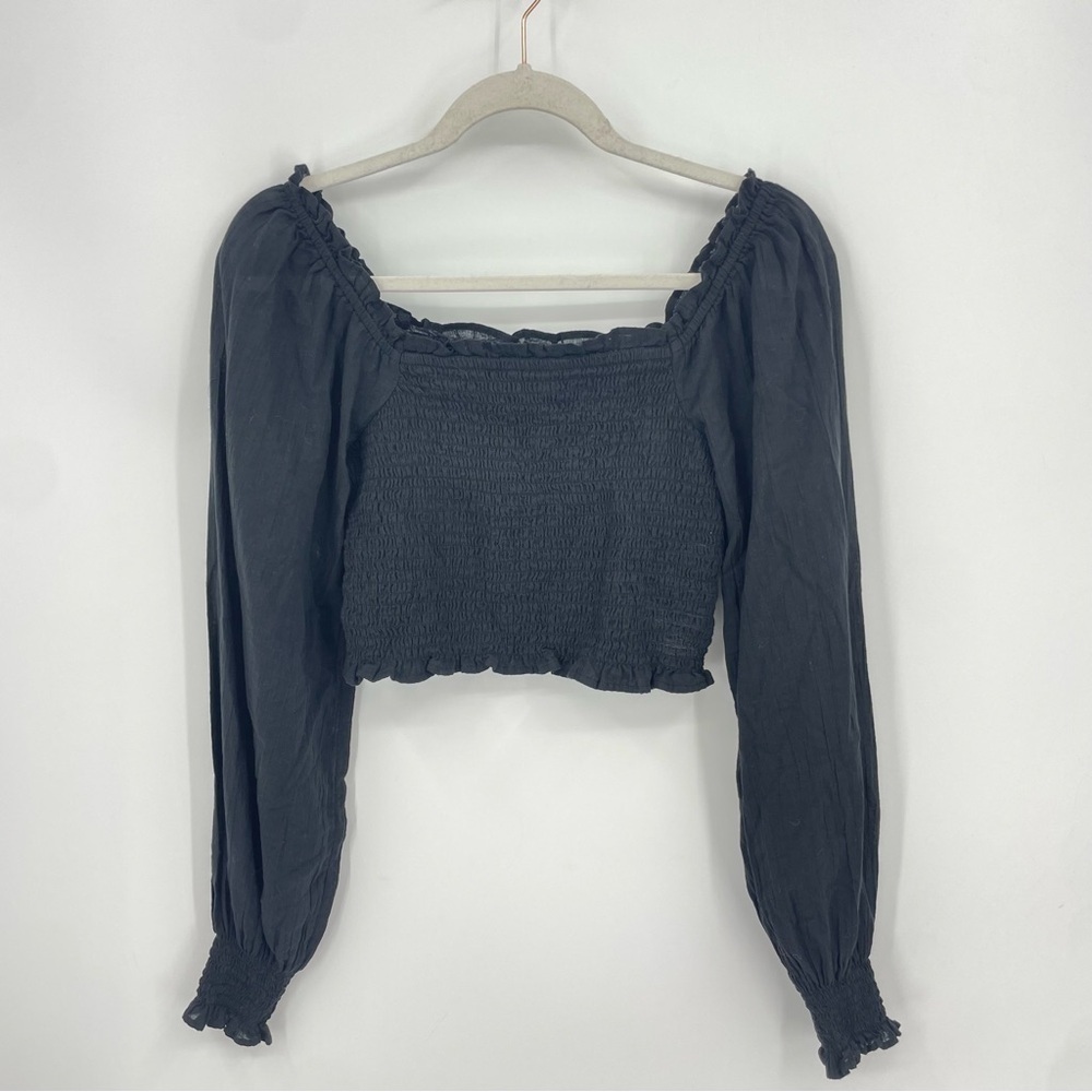 Women's Aerie Smocked Puff Sleeve Square Neck Black Crop Top Size XS